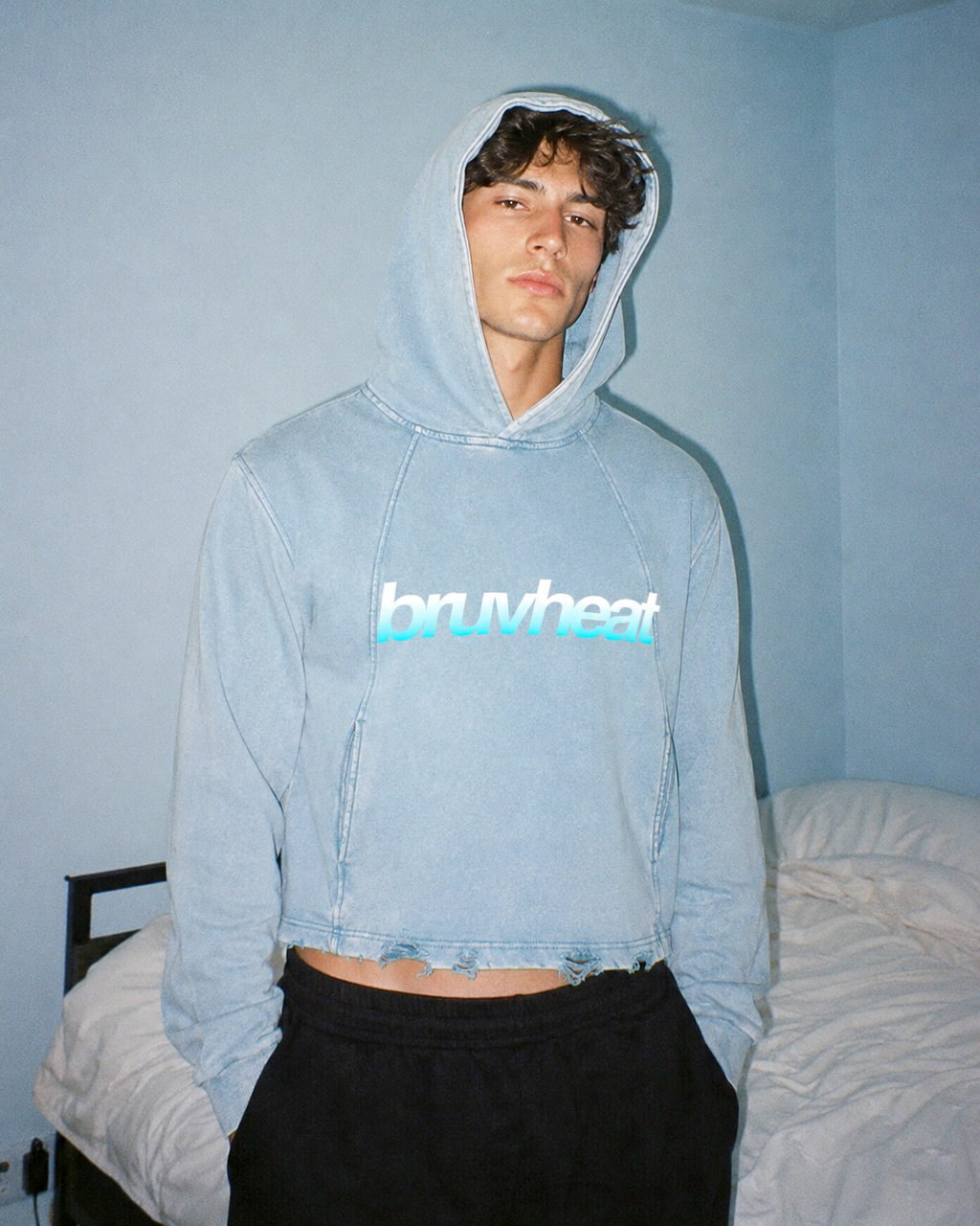 Alpine Vintage Washed Blue Frayed-Hem Hoodie