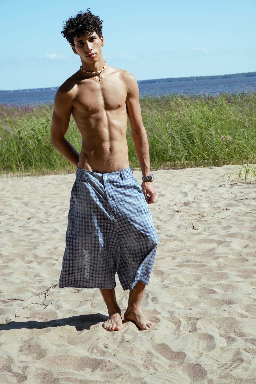 Chet Vintage Wash Blue Plaid Loose-Fit Shorts