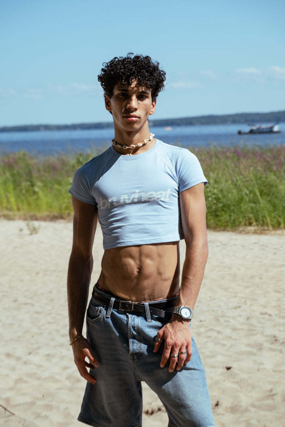 Aurora Snow Washed Sky Blue Drop-Shoulder Crop T-Shirt