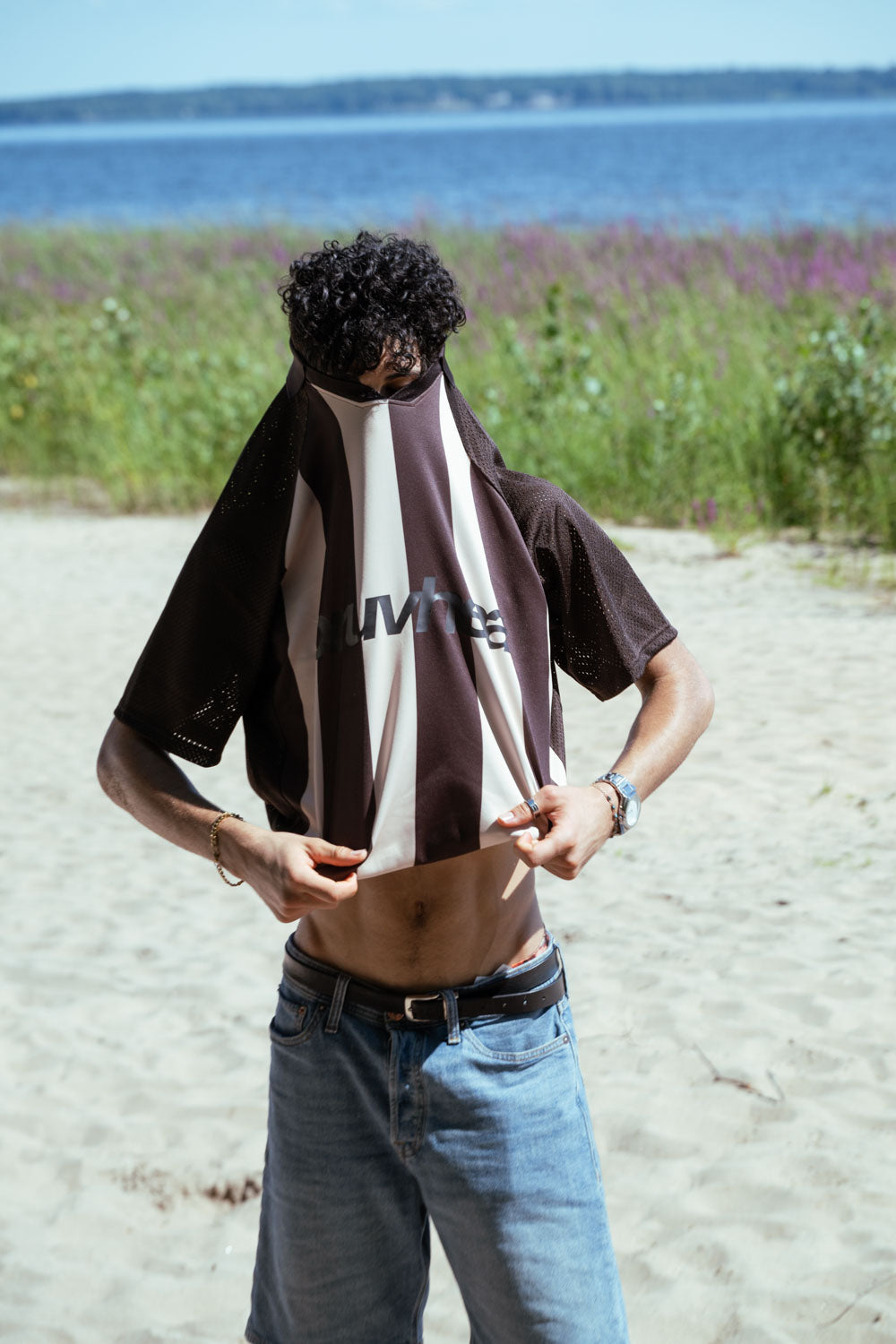 Maverick Coffee & Apricot Striped Mesh Boxy Soccer Jersey