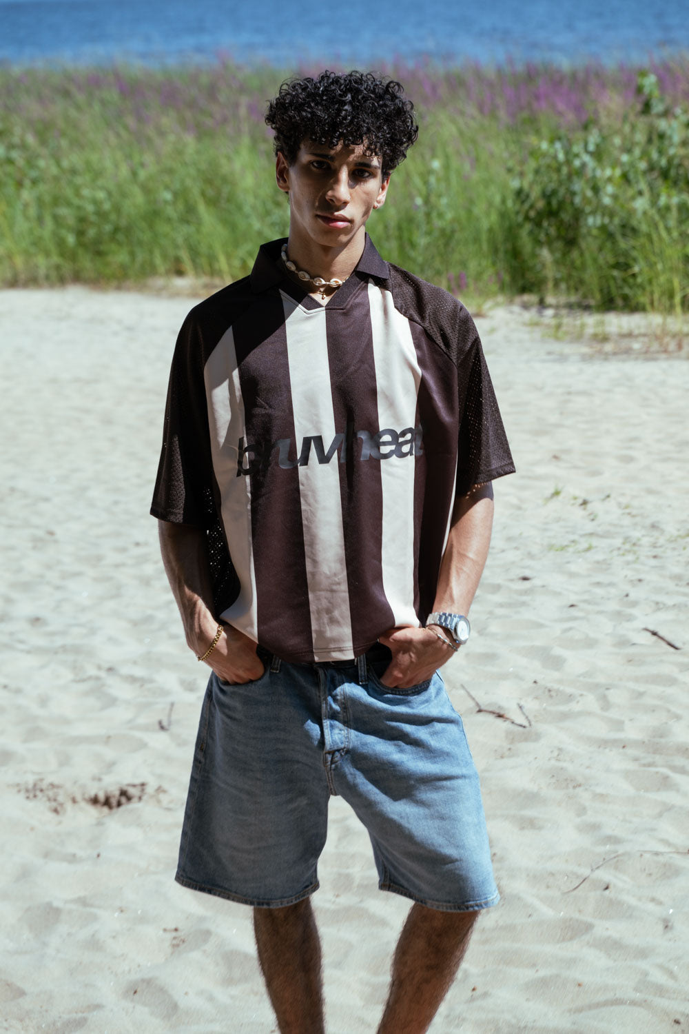 Maverick Coffee & Apricot Striped Mesh Boxy Soccer Jersey