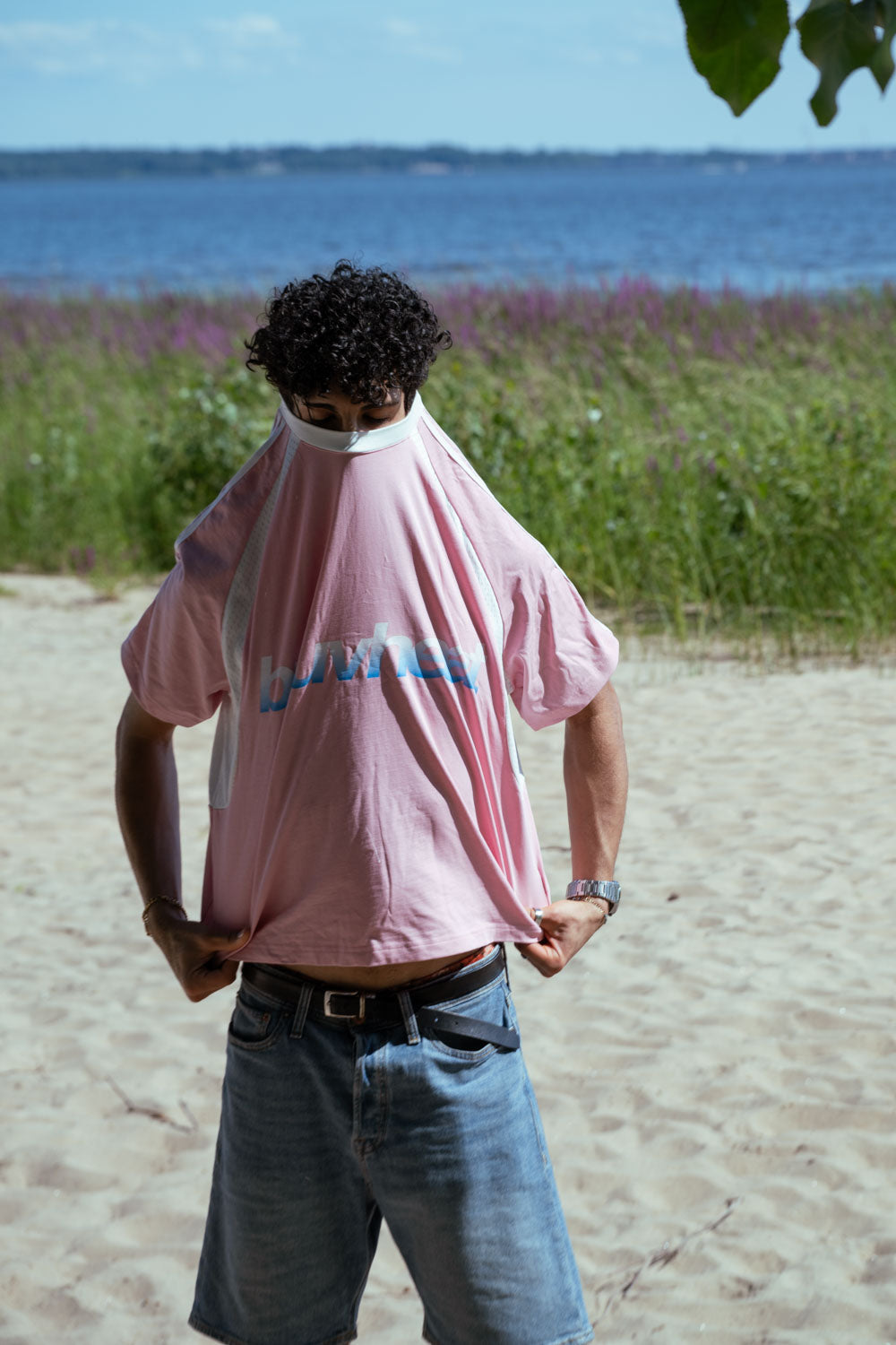 Fever Pink & White Contrast-Stripe Panel Mesh T-Shirt