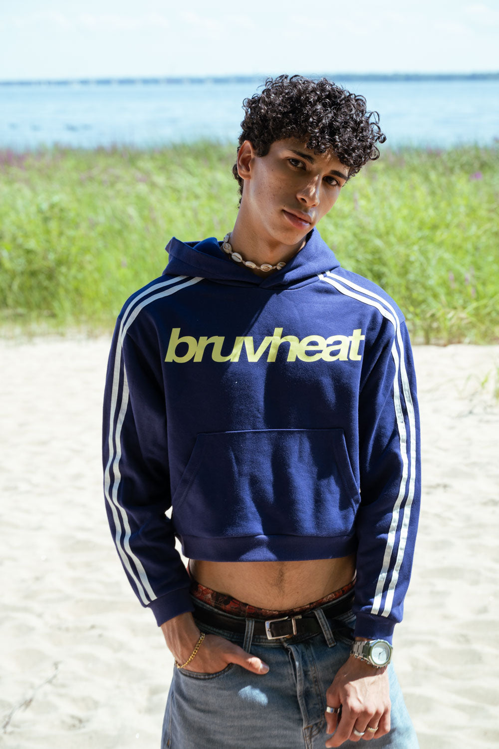 Pulse Navy Contrast Side-Stripe Cropped Hoodie