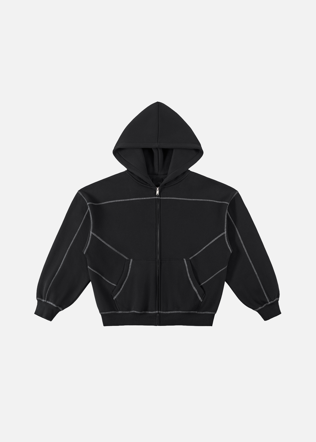 Solstice Contrast-Stitched Black Boxy Fleece Zip Hoodie