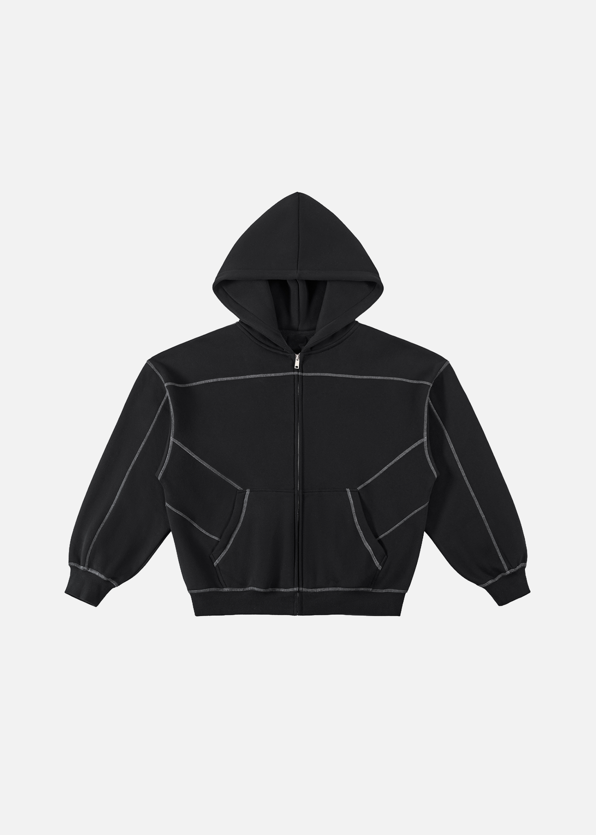 Solstice Contrast-Stitched Black Boxy Fleece Zip Hoodie